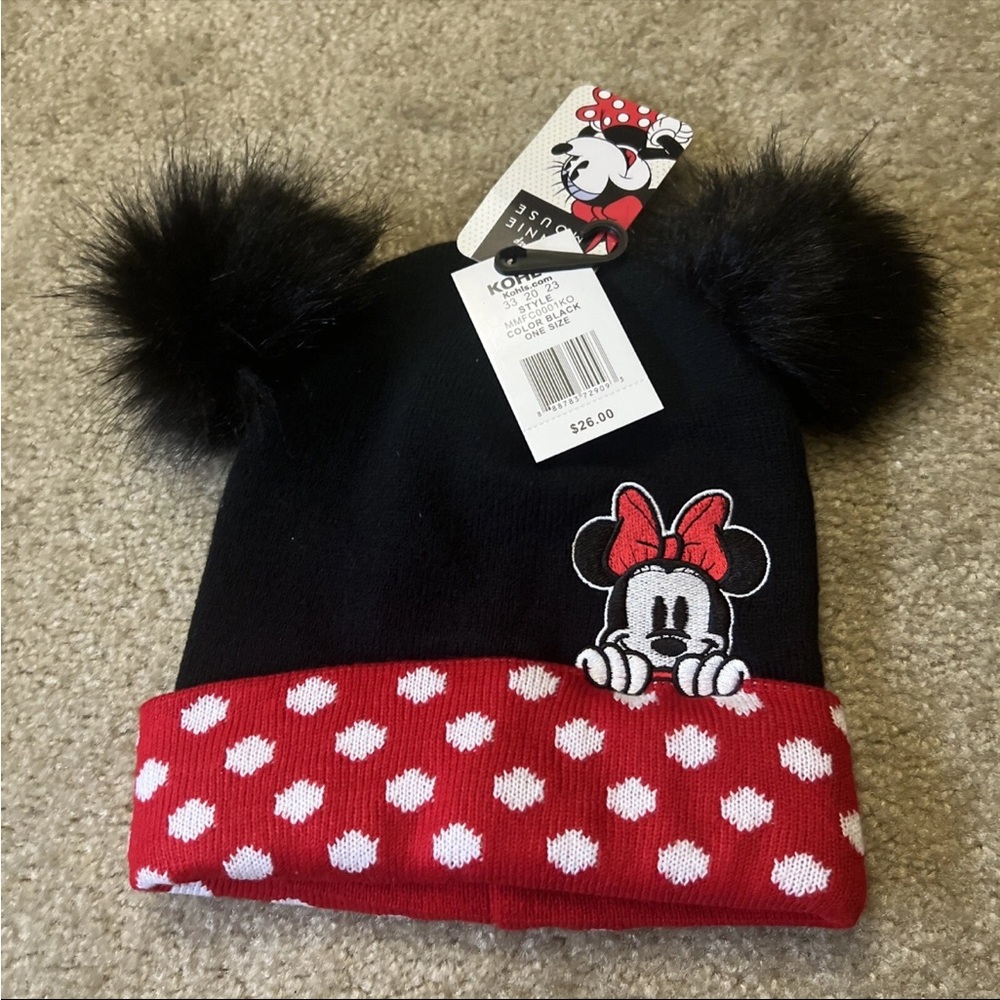 Disney Minnie Mouse Women’s Pom-Pom Beanie - Black and Red